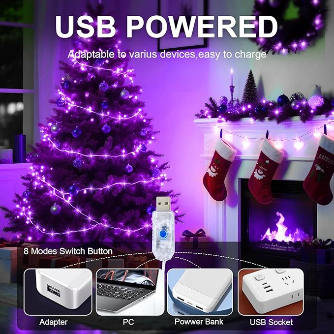 2Pack USB Plug in Fairy String Lights,16ft 50 LED Copper with Remote and Timer, 8 Modes Waterproof Twinkle String Lights Battery Powered for Bedroom Indoor Party Wedding Christmas Decoration (Purple)