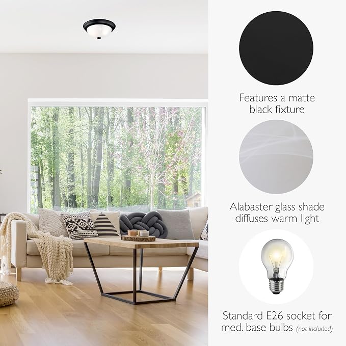 Design House, 2 Pack, 2-Light Indoor Dimmable Ceiling Light, Alabaster Glass Shade, Matte Black, 11.25 in W x 4.75 in H, Interior Lighting, Item 588251 | Dimmable, Ceiling Mount, Traditional, Steel, 2-Pack, Lighting, 588251