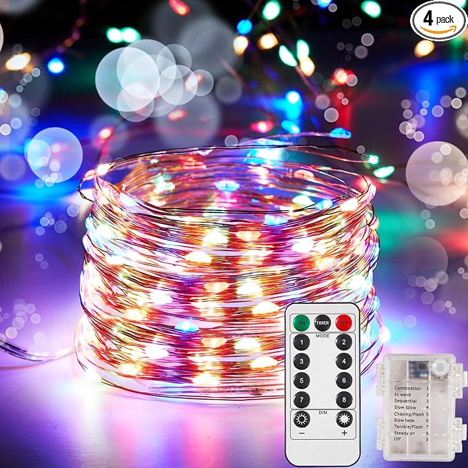 Ariceleo 4 Pack 32.8 Ft. Battery Operated Outdoor String Lights with Remote & Timer, LED Multi Color Fairy Lights, Waterproof Twinkle Lights for Bedroom, Dorm, Mason Jar, Wedding, Party, Christmas