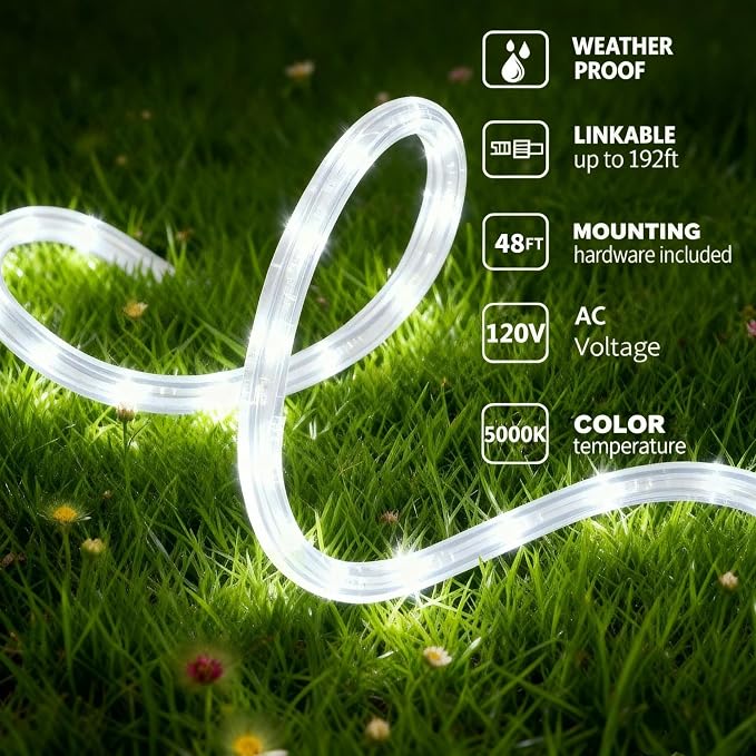 LED Light Rope, 48ft Waterproof Flexible Strip Lights, Indoor/ Outdoor, Connectable 5000K Cool White Landscape Tube Lighting for Bedroom, Home Decor, Garden, Patio, Porch, Yard, Deck, Party Holiday