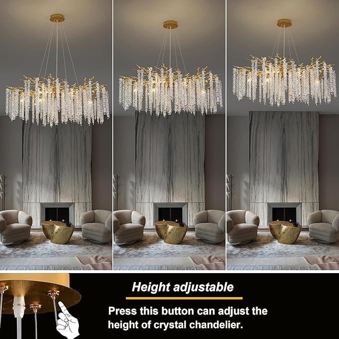 Tree Branches Chandeliers Luxury Round Raindrop Crystal Pendant Light 15 Lights Tassel Ceiling Hanging Light for Dining Room Bedroom Living Room Entryway 39.5" Gold