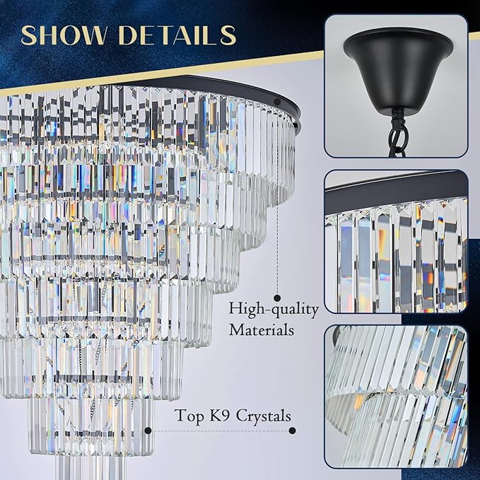 Large Black Crystal Chandelier 36" Round Chandeliers for Staircase Modern 22 Lights 7-Tier Luxury K9 Crystal Ceiling Pendant Lighting Fixture for High Ceiling Living Room Foyer