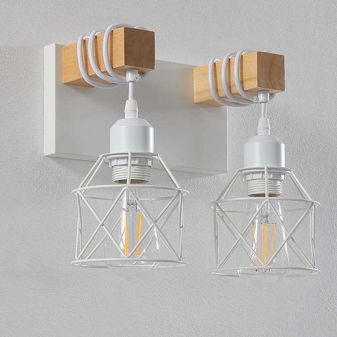 Farmhouse Vanity Light Fixture,2-Light Bathroom Lighting,White Modern Wood Wall Light Over Mirror with Metal Shade