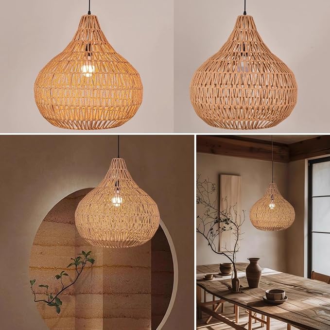Pendant Light Fixtures Black Boho Chandelier 15.7-inch Rattan Shade Dome Light Fixtures Mid Century Farmhouse Pendant Lamps for Dining Room Kitchen Island Over Table, 1-Light