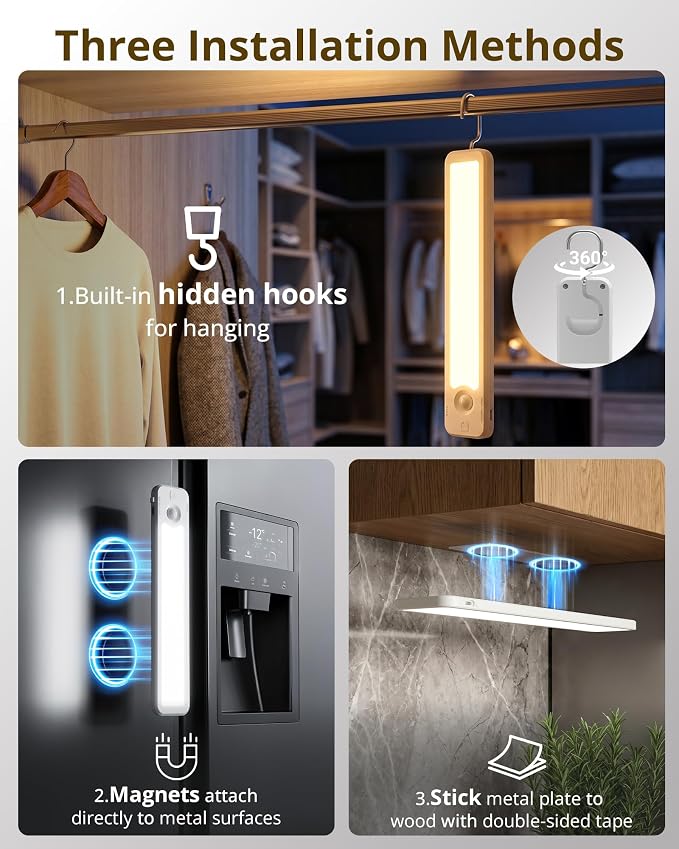6 Pack Under Cabinet Lighting Wireless, 48 LED Rechargeable Motion Sensor Light Indoor, 3 Color Temps & Dimmable, Magnetic Under Counter Lights for Kitchen, Closet, Stair(9.4inch)