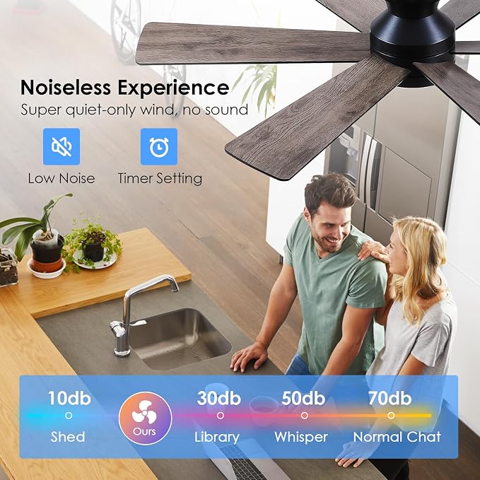 Asyko 46"Black 6-Blade Modern Low Profile Ceiling Fan with Light and Remote | 6 Double-Sided Blades,6 Wind Speeds, Reversible,Dimmable 3 CCT LED Light, 25W Quiet DC Motor,1/2H Timer,for Bedroom Kitchen