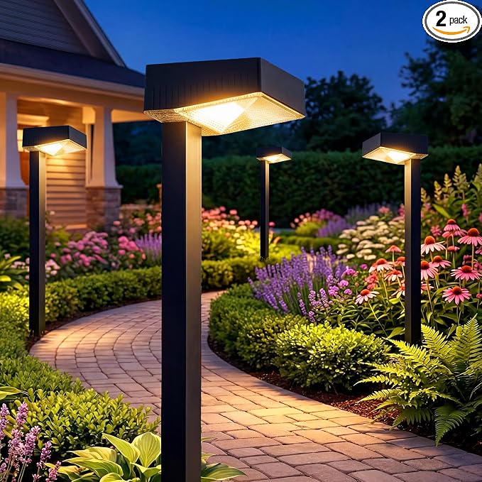 Solar Pathway Lights Outdoor: 2 Pack 80LM Bright Walkway Lighting | 27.4-in Max Height with 3 Adjustable Levels - IP65 Waterproof 12H Lasting - 2700K Warm White 2 Modes Garden Driveway Clearly