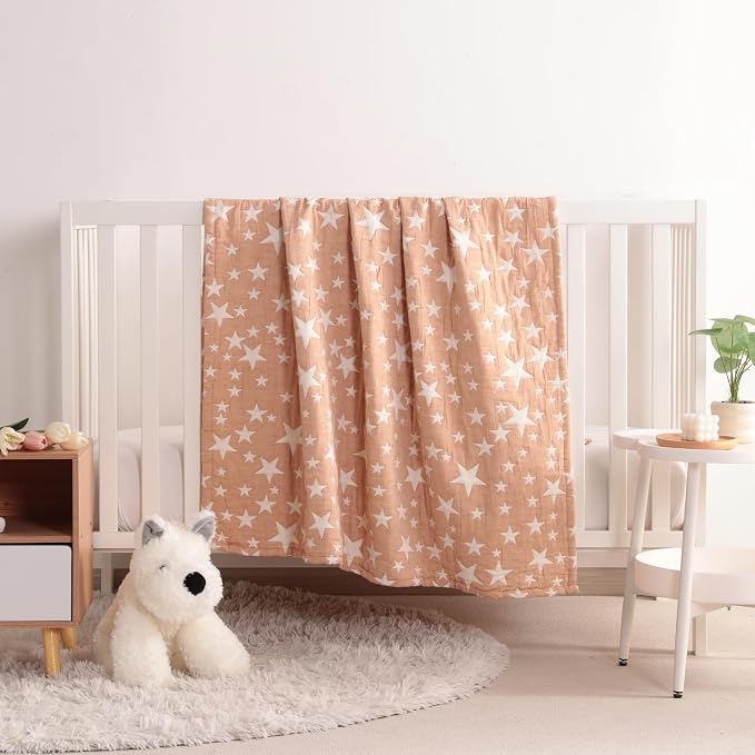NTBAY 3 Layer Muslin Toddler Blanket, 30 x 40, Pale Orange Star | Breathable Muslin Cotton Outer Layers with Light Thermal Fill, Reversible for Stroller, Daycare, Travel, and Supervised Use