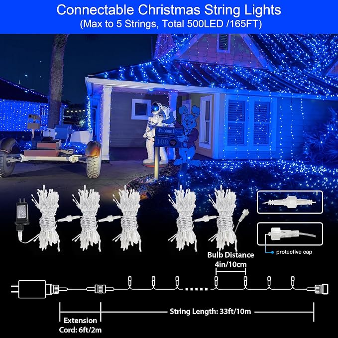 33FT 100 LED Blue Christmas Twinkle String Lights Indoor Outdoor | 8 Modes with Memory, Connectable, IP65 Waterproof, Transparent Wire, Up to 5 Sets, Widely use for Classroom, Bedroom, dorm