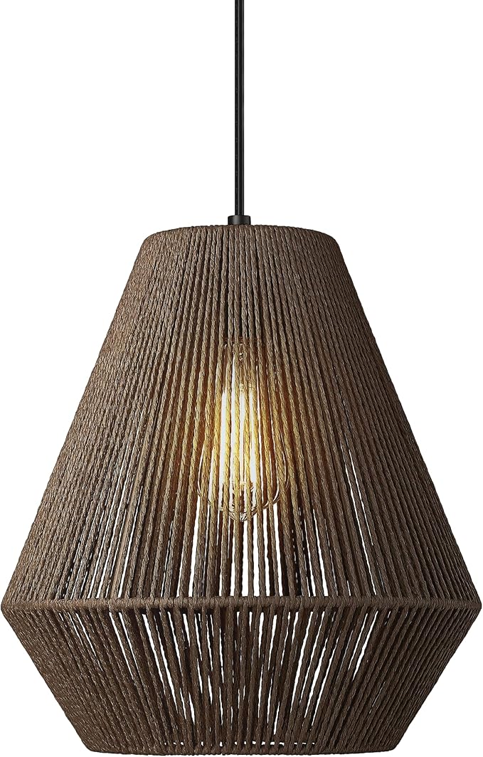 ELYONA 12” Woven Japandi Pendant Light for Kitchen Island Boho Hanging Lamp with Handwoven Rattan Basket Shade Adjustable Pendant Light Fixtures for Dining Room Bar Bedroom Foyer Hallway Dark Brown