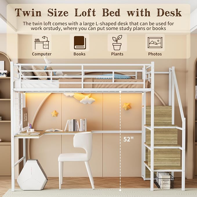 Twin Size Metal Loft Bed with Reversible Stairs & L-Shaped Desk,White | Storage Stairs,Wardrobe,L-Shaped Desk,USB Charging Station,Space-Saving for boys & Girls, Noise-Free, No Box Spring Needed