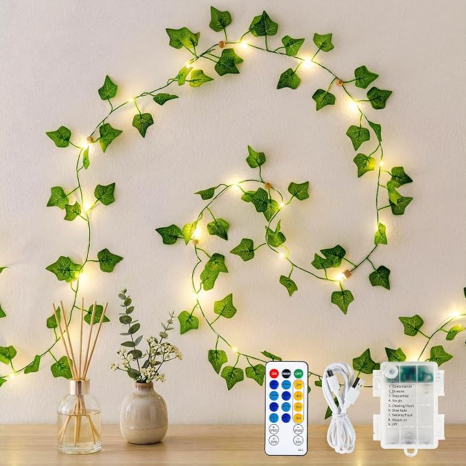 HEYFUNi Ivy Vines with Lights with Remote, 13 Ft 40LED | Artificial Green Leaf String Lights USB/Battery Operated, Fake Vines for Bedroom Wall Aesthetic, Dorm, Room Decor, Warm White