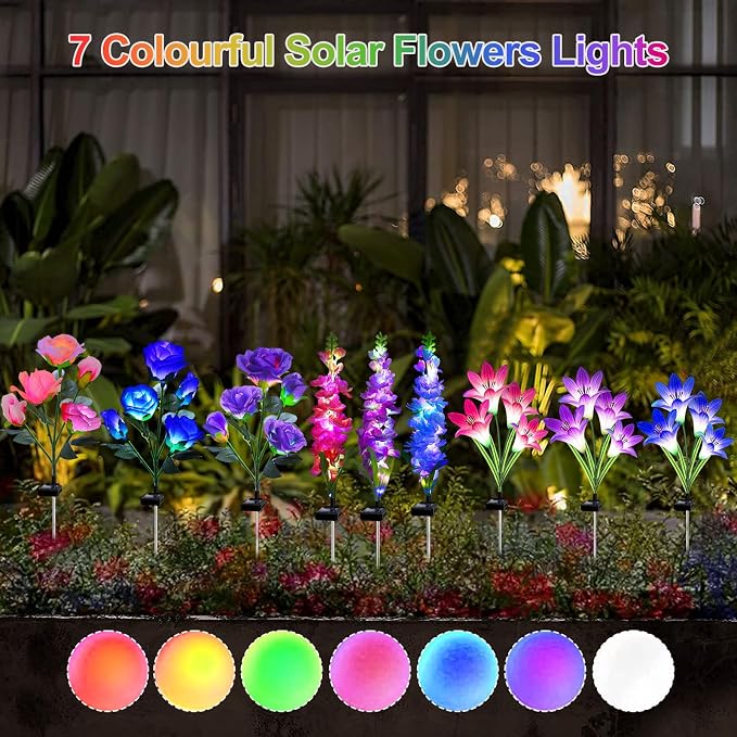 MRHEPHAESTUS Solar Garden Lights Waterproof, 3 Pack Solar Flowers Lights Includes Lily Rose Delphinium, Gardening Gifts for Mom Grandma Women,7-Color Changing Outdoor Decor for Garden Yard Patio Lawn