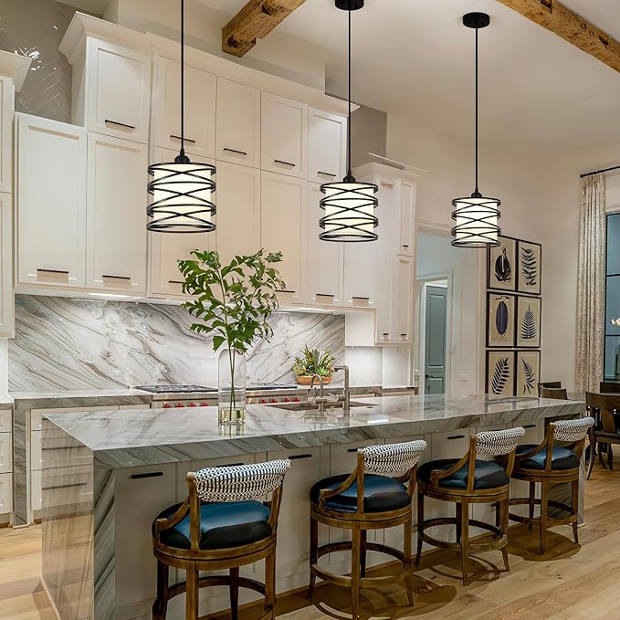 Farmhouse Pendant Island Light Fixtures, Metal Hanging Light Fixtures with Fabirc Lighting for Dining Room Bedroom Bar Office, Industrial Black, 1 Pack - ETL Certified