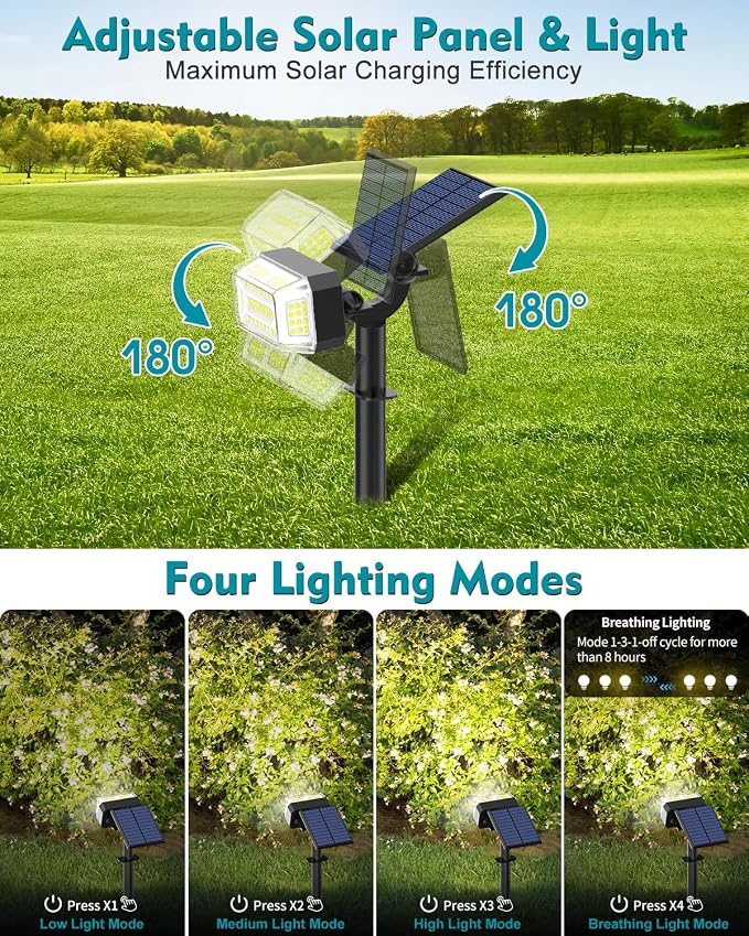 102 LEDs Solar Spot Lights Outdoor, 8 Pack Cool White Solar Spotlights | 4 Modes, Waterproof IP65, Adjustable Light & Panel Landscape Flood Powered Lights for Yard Garden Pathway Wall