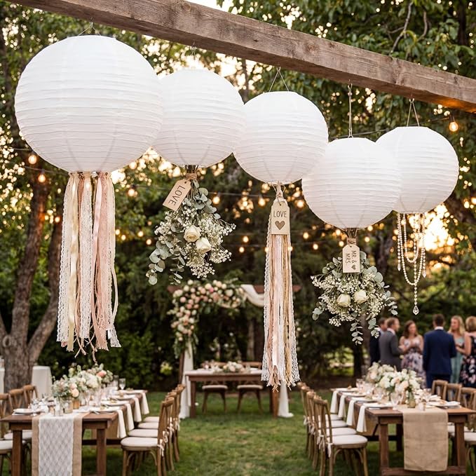 Glooglitter 5 Pcs 18 Inch Large White Paper Lanterns Gaint Chinese Moon Round Paper Lamp Japanese Jumbo Hanging Lanterns for Wedding Graduation Bridal Shower Birthday Party Supplies Decoration