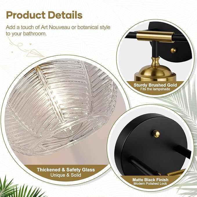 MOKATNG Bathroom Light Fixtures, 2-Light Clear Vanity Lights with Unique Leaf Texture Glass Shade, Modern Matte Black and Gold Bathroom Wall Lamp for Mirror Hallway Cabinet Living Room