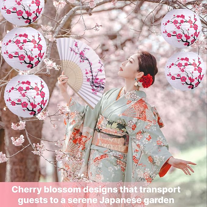 LEFTSTARER 6pcs Cherry Blossom Paper Lanterns for Japanese Party Decorations, Mulan Party Supplies