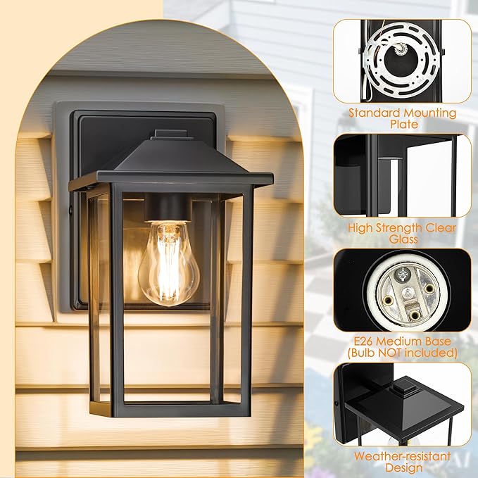 Outdoor Wall Lantern, Exterior Waterproof Wall Sconce Lighting Fixture, Black Front Door Light with Glass, Anti-Rust Porch Lamp