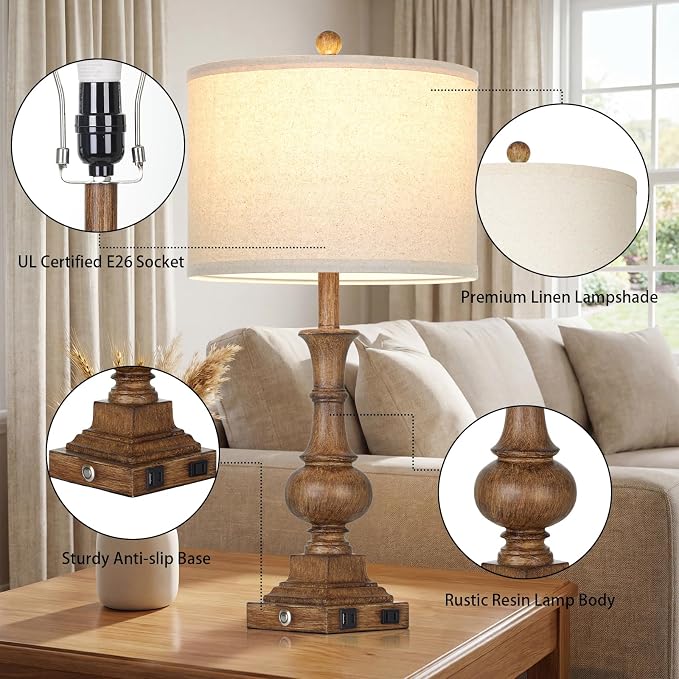 26" Tall Farmhouse Rustic Table Lamps for Living Room Set of 2, Vintage Retro Nightstand Table Lamp with USB C+A Charging Ports & AC Outlet, 3-Way Dimmable Touch Control Bedside Lamp for Bedroom Brown