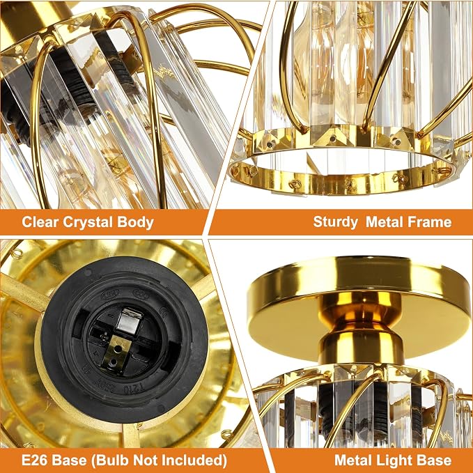 FRIDEKO HOME Gold Crystal Ceiling Light Fixture - Crystal Chandelier Small Semi Flush Mount Ceiling Light Modern Lights Ceiling Mount for Hallway Kitchen Entryway Bedroom Bathroom (2 Pack, 7.48 Inch)