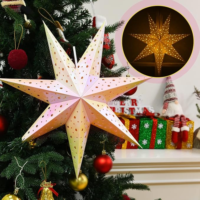 Mudder 19.7 Inch Christmas Star Paper Lantern 7 Pointed Christmas Window Lantern with 10 LED Light Strings Hanging Pendant Xmas Tree Ornaments for Holiday Decor Home(Classic,Holographic Rainbow)