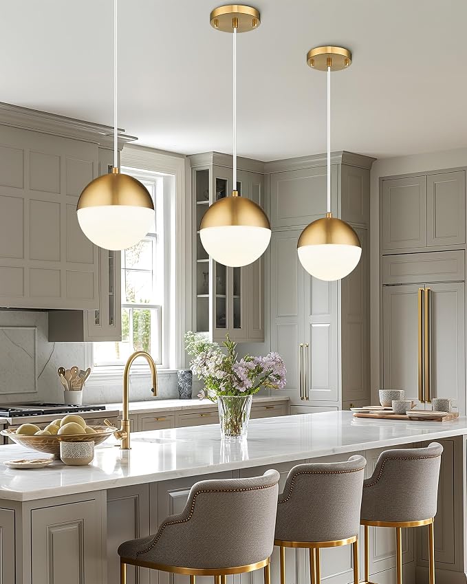 Mid Century Pendant Lights, Brushed Gold Kitchen Island Light Fixtures with White Globe Glass Shade, Adjustable Hanging Cord, 3-Pack for Home Office Dining Room Bathroom, LMS-186PL-BGWS3PK