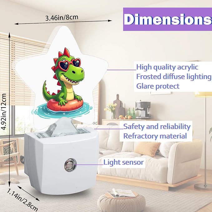 Cartoon Dinosaur Night Lights Plug Into Wall Decorative,Cute Animal Sleep Friendly Lamp, Energy Efficient Dusk-to-Dawn Sensor Nightlights for Kid Bedroom Nursery Bathroom