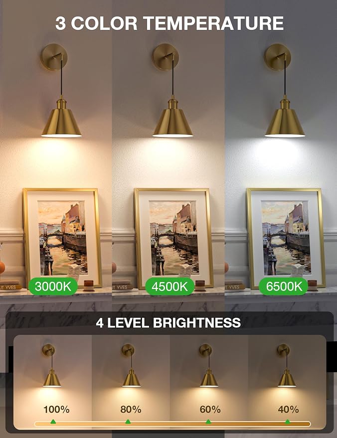 Brushed Gold Battery Operated Wall Sconce Set of 2, 5200mAh Dimmable Detachable Bulbs and Remote Wireless Rechargeable Wall Lights, 9 Colors Sconces Wall Decor for Bedroom Living Room Hallway