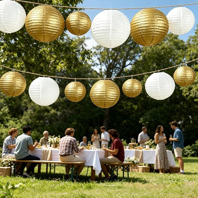 20Pcs Paper Lanterns Decorative, Gold and Ivory 6"8"10" for Home Decor | Round Hanging Paper Lanterns Decorations for Rustic Party Bridal Shower Wedding Engagement Birthday Classroom Ceiling Decor