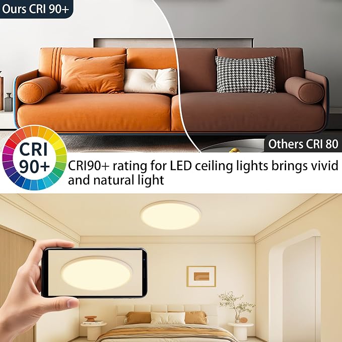 MOONSEA 24-Inch Flush Mount LED Dimmable Ceiling Light Round – 48W | 3000K/4000K/6500K by Toggle Switch, 0.98in Low Profile Ceiling for Bedroom, Kitchen, Brightness Dimmable with Dimmer