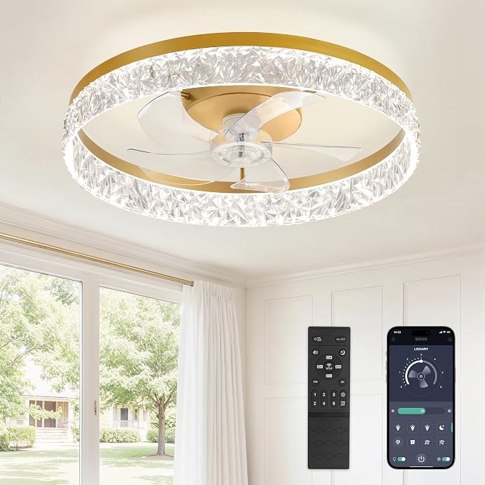 LEDIARY 22" Ceiling Fans with Lights and Remote, Fandelier Gold | 3CCT, 6 Speeds, Dimmable Low Profile, Flush Mount Ceiling Fan, Timer, Reversible, Memory, Bedroom, Living Room, Kitchen