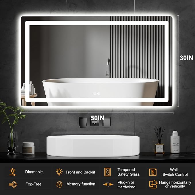 LED Bathroom Vanity Mirror with Lights, 30"x50" Lighted Wall Mirror | Front and Backlit, Anti Fog, Dimmable 3 Color Lighting, Memory Function, Shatterproof Glass, Plug in or Hardwired