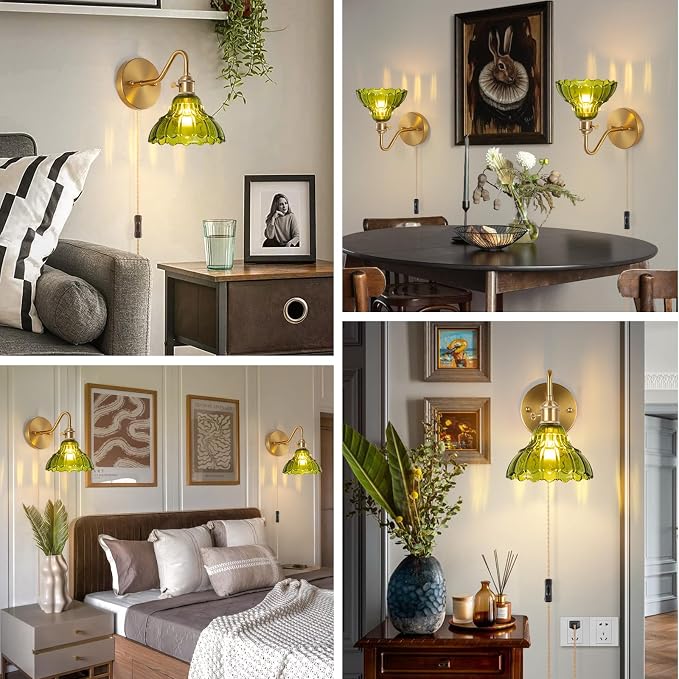 Plug-in Wall Sconce (Set of 2), Vintage Wall Decorative Lamp with Green Glass Shade, Indoor Brass Plug-in Wall Sconce for Bedroom, Living Room, Bathroom, Hallway
