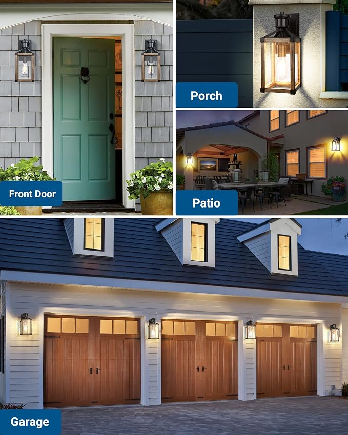 DEWENWILS Motion Sensor Outdoor Wall Lights, Dusk to Dawn Farmhouse Light | Clear Glass, Open Bottom, 3 Modes, 33FT Detection Range, 140° Sensing Angle, E26 Socket, Ideal for Doorway Garage Patio