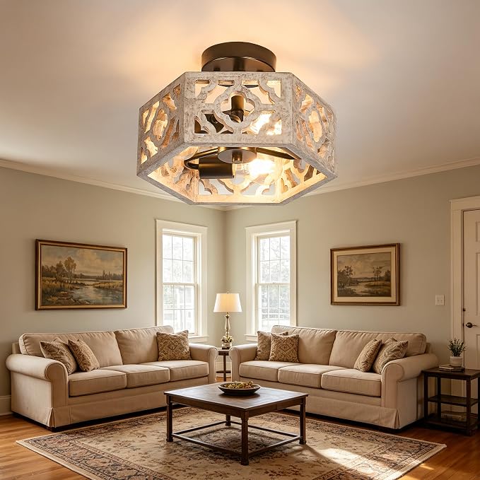 Tarentlight Farmhouse Semi Flush Mount Ceiling Light, Distressed Wood 3-E26 Rustic Boho Close to Ceiling Light Fixture for Kitchen Bedroom Hallway Dining Entryway Livingroom Fixture,No Bulb.