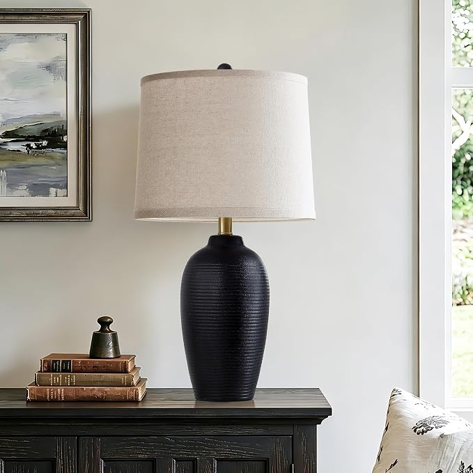 AIEAMPDO 25" Retro Vintage Ceramic Table Lamp for Living Room Bedroom | Farmhouse Rustic Black Bedside Lamp with Natural Textured Finish, Nightstand Lamps for End Table, Bulb Included
