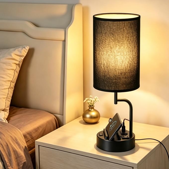 Dreamholder 2 Pack Table Lamp, Bedside Lamp with 3 USB Charging Ports & AC Outlet, USB Desk Lamp with 2 Phone Holders, Linen Fabric Shade Nightstand Lamps for Bedroom Living Room Office, Black Shade