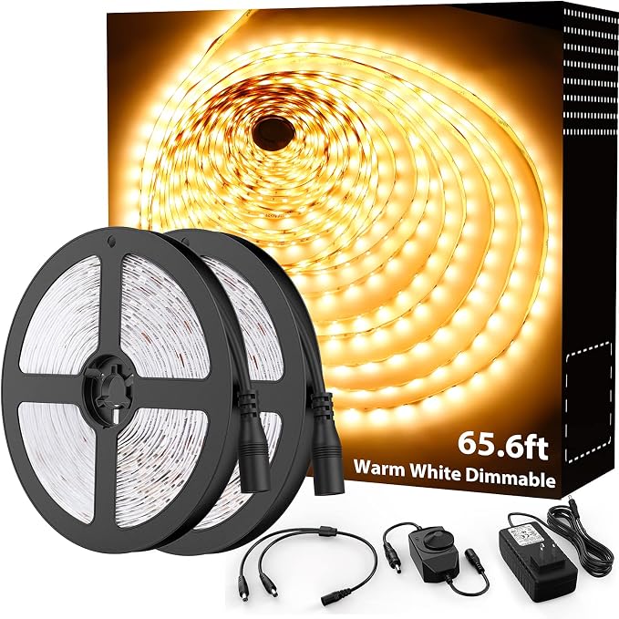 Onforu Warm LED Strip Lights, 65.6ft Dimmable Tape Light for Under Cabinet | 20M 6000K Flexible 12V Adhesive Ribbon Easter Rope Light for Kitchen, Bedroom, Home Decor