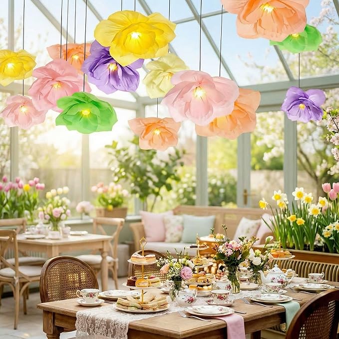 VIHOSE 6 Pcs Tea Party Decorations 15.7 Inch Flower Paper Lanterns with LED Lights for Spring Fancy Party Decorations Large Peony Paper Flower Pendant Lamps for Tea Garden Wedding Bridal Baby Shower