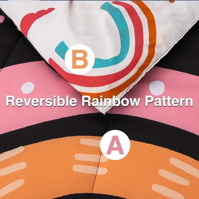 A Nice Night Bedding 6 Pcs Cartoon Rainbow Bedding Set with Smile Moon Printed for Boys Girls Bed Comforter Sets (Black, Twin)