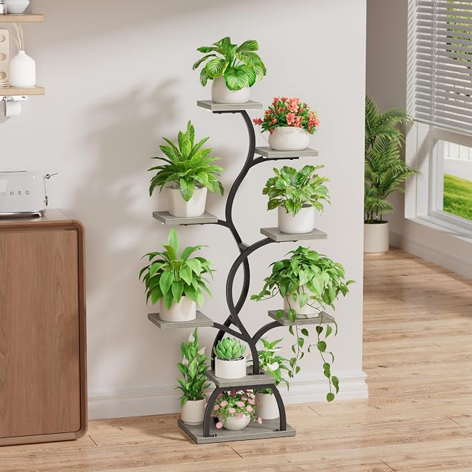 Plant Stand Indoor with Grow Light - 8 Tiered Corner Plant Shelf Indoor | 49" Plant Holder with Lights for Indoor Growing, Tall Lighted Flower Stand for Living Room, Balcony, Gray