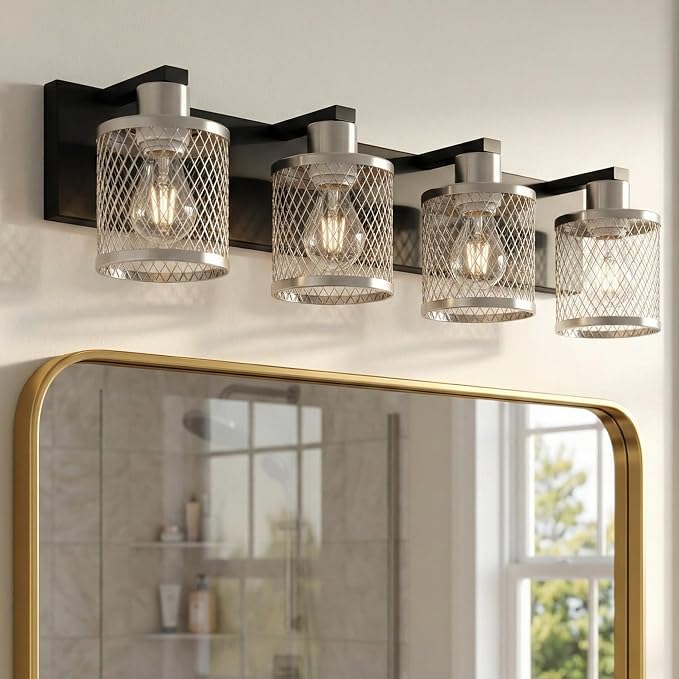 Bathroom Light Fixtures Brushed Nickel Vanity Lights 4 Lights Farmhouse Bathroom Vanity Light Vintage Design Wall Sconces Lighting for Mirror Attic Corridor Cellar Wall Lamps