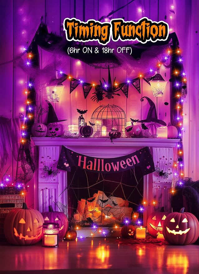 Minetom Halloween Fairy Lights Battery Operated, 5 Pack 7 FT 20 LED | Fairy Lights with Timer, Black Wire Halloween String Lights Indoor, Fairy Lights for Bedroom Classrom, Orange and Purple