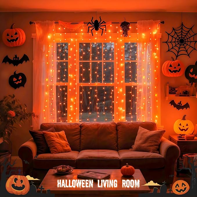 JMEXSUSS Orange Curtain Lights for Halloween, USB Plug in, 200 LED | Remote Control, Halloween Curtain String Lights, 8 Modes Orange Hanging Window Lights for Bedroom Party Indoor Outdoor Decor