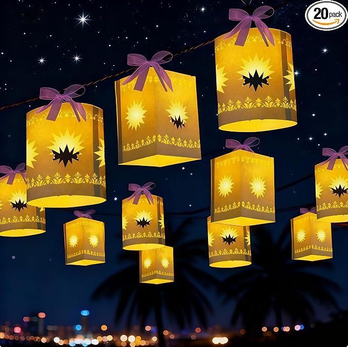 20 Pcs DIY Princess Hanging Lanterns with String Light and Ribbon | Thick Paper, Sun Cutout Pattern, Girls Birthday Party Decor, Provide Tools, 20 White, Batteries Not Included