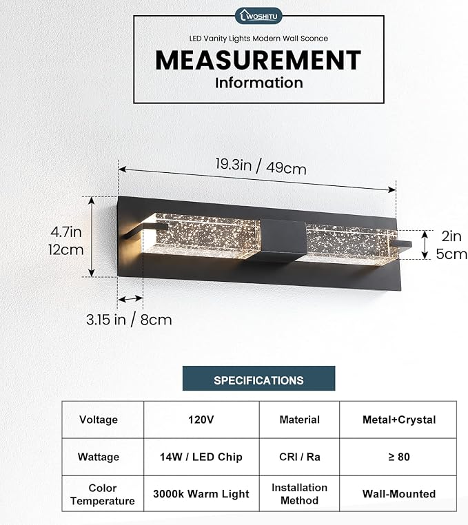 WOSHITU LED Wall Sconce Light: 19 Inch Black Modern Sconces Wall Lighting 3000K Dimmable Crystal Wall Lamps Indoor Bathroom Sconce Wall Mount Light Fixtures for Living Room/Bedroom/Hallway