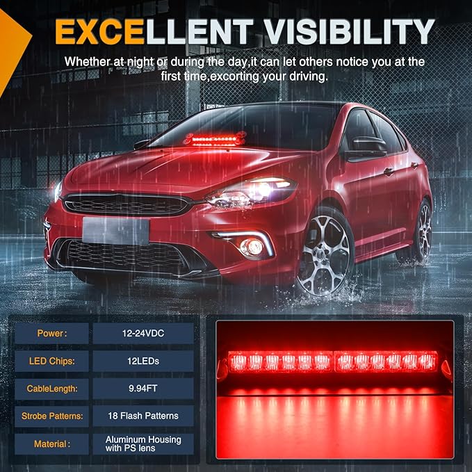Nilight 12LED Traffic Advisor Strobe Light Bar Red Emergency Warning Hazard Safety Dash Front/Rear Windshield Flashing Lights for Cars Trucks Police Firefighter Plow Construction Vehicles