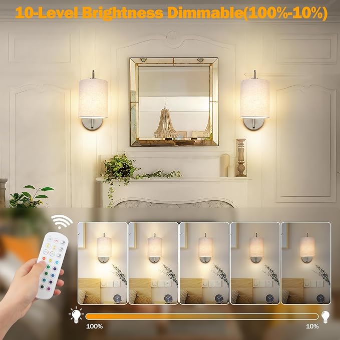 Battery Operated Wall Sconce Set of 2, Brushed Nickel Wall Light | Rechargeable Wall Mount Light Fixture, Dimmbale Bulb & Remote, 12 RGB Colors & Timer, Wireless Wall Lamp Linen Shade, Bedroom