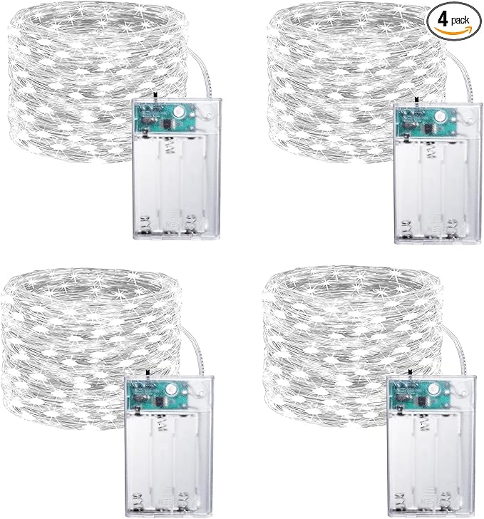 Joomer LED Fairy Lights Battery Operated, 4 Pack Each 16FT 50 LED Cuttable Starry Lights with Timer for Bedroom, Parties, Wedding Christmas Indoor Decor (White)